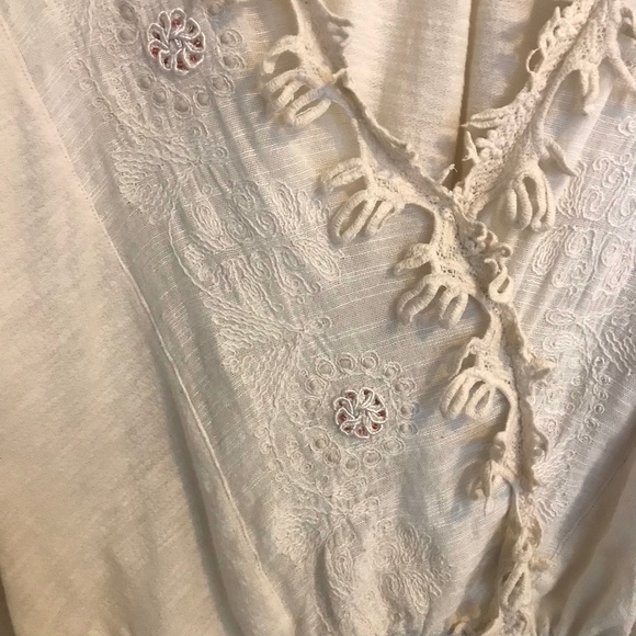 Free People Ivory Long Sleeve Lace Trim Top Sz L - Picture 3 of 5